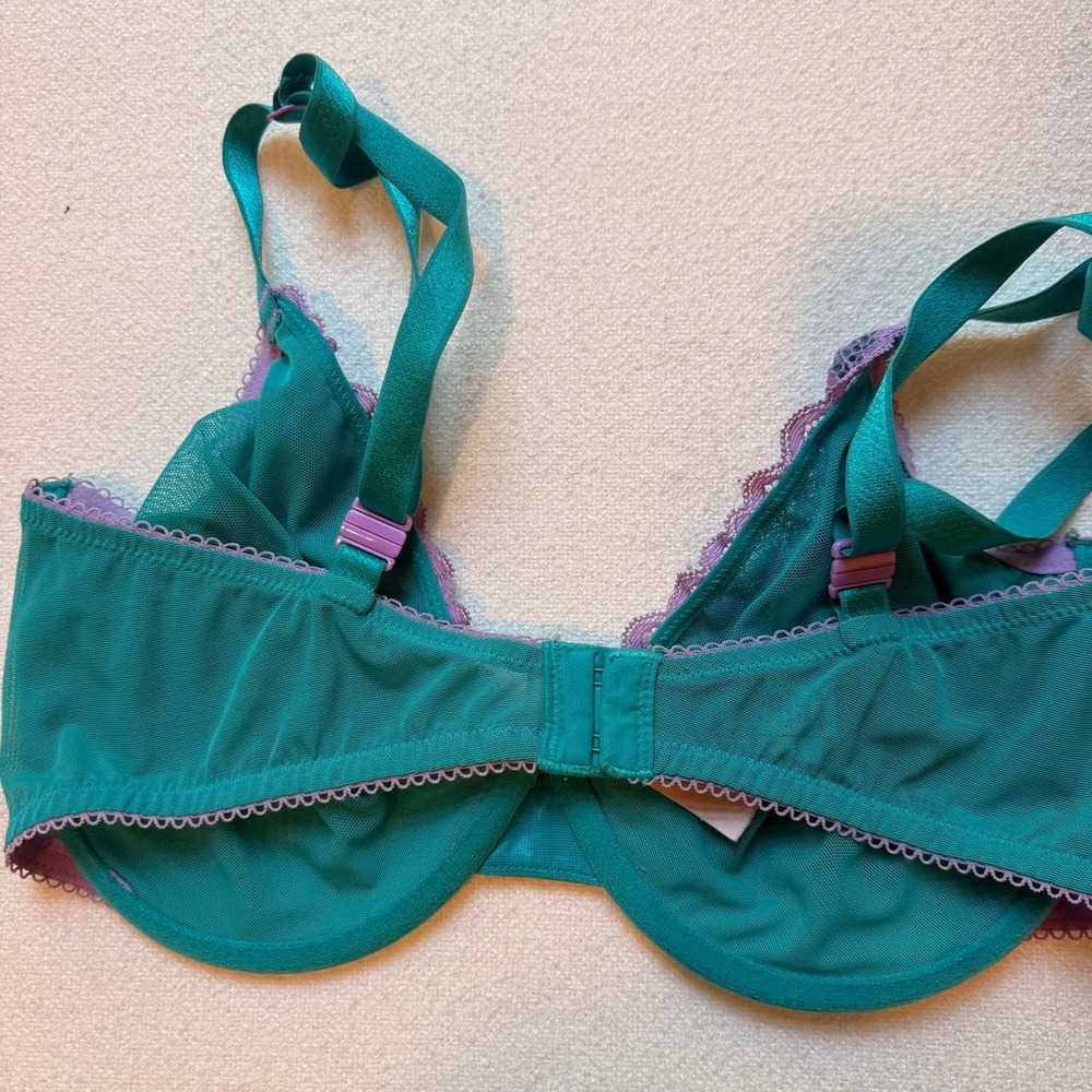 Victoria's Secret Tease Unlined Demi Bra 34DDD Teal Lavender Lace Mesh - Picture 3 of 7